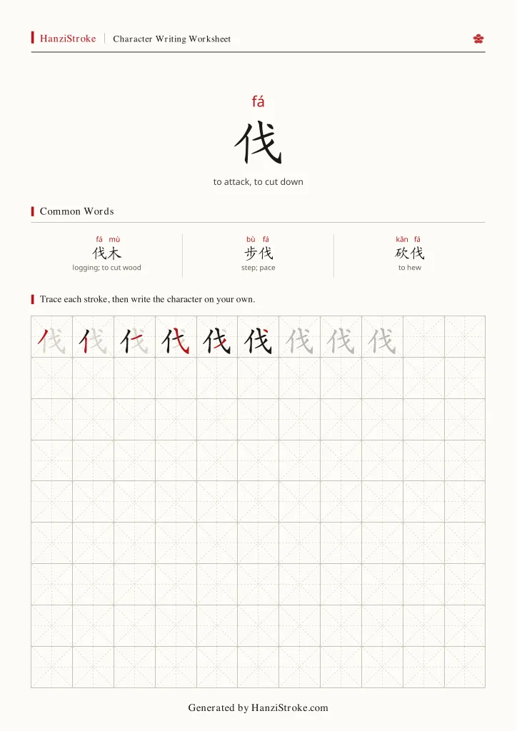 伐 handwriting practice worksheet preview