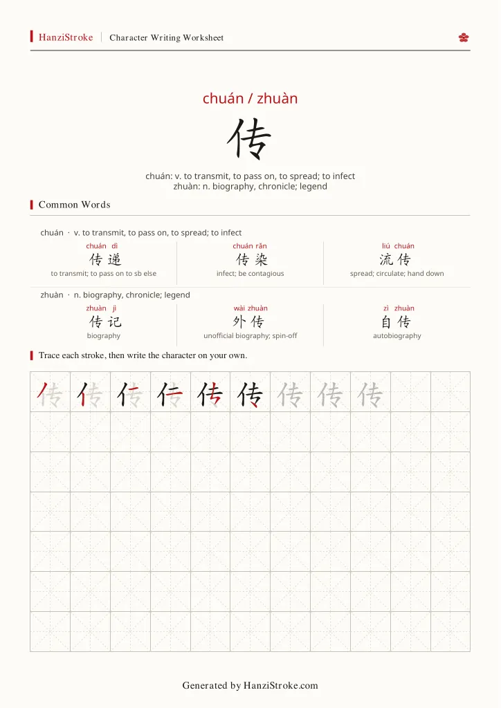 传 handwriting practice worksheet preview