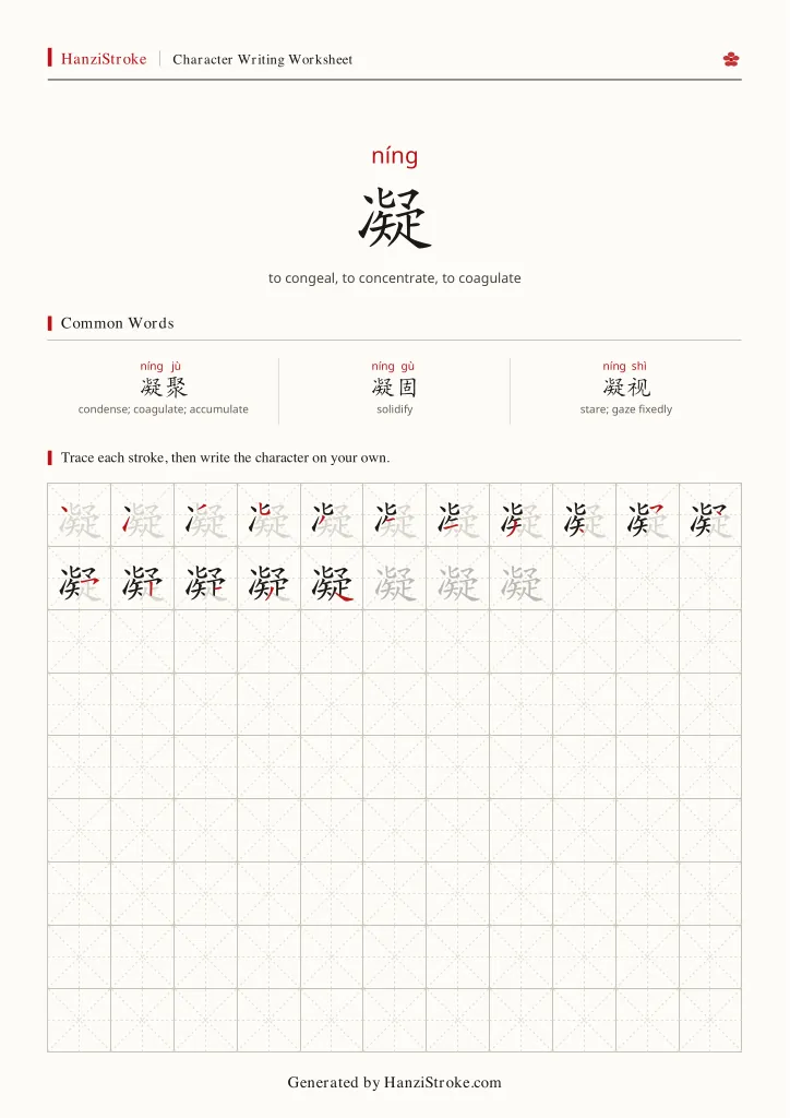 凝 handwriting practice worksheet preview