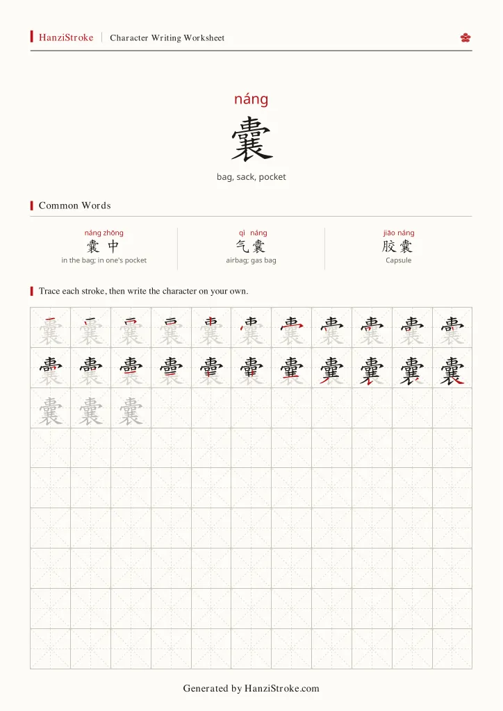 囊 handwriting practice worksheet preview