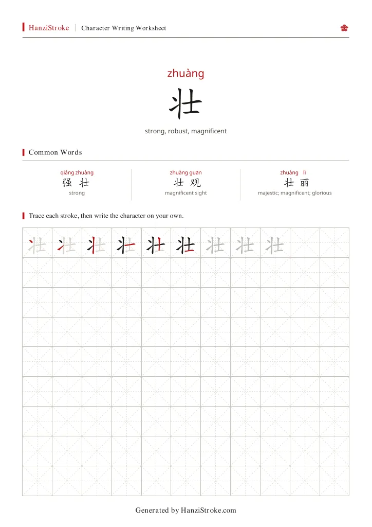 壮 handwriting practice worksheet preview