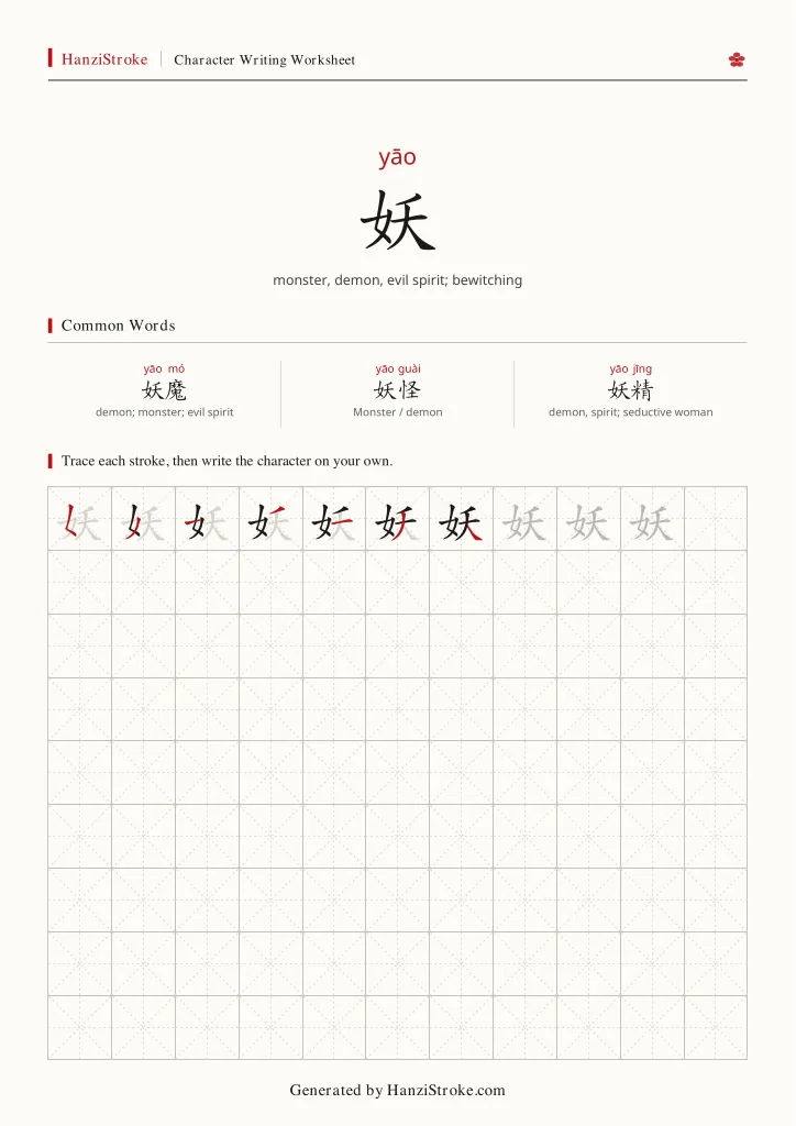 妖 handwriting practice worksheet preview