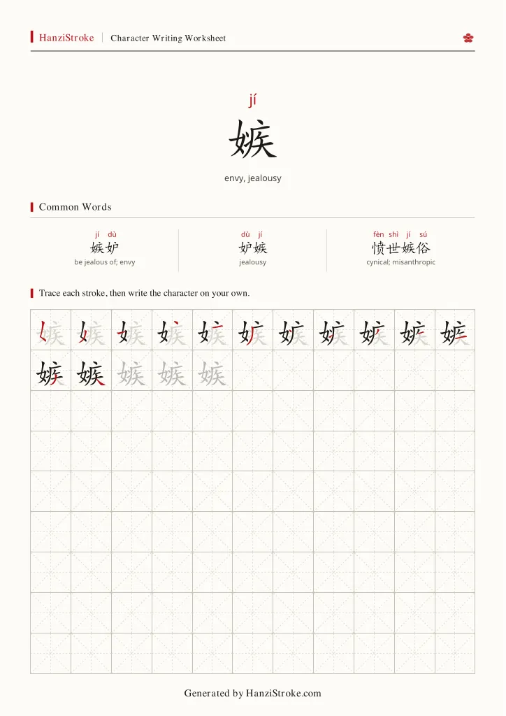 嫉 handwriting practice worksheet preview