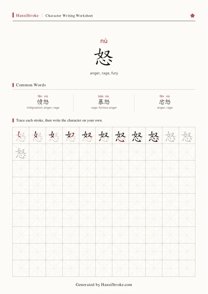 怒 handwriting practice worksheet preview