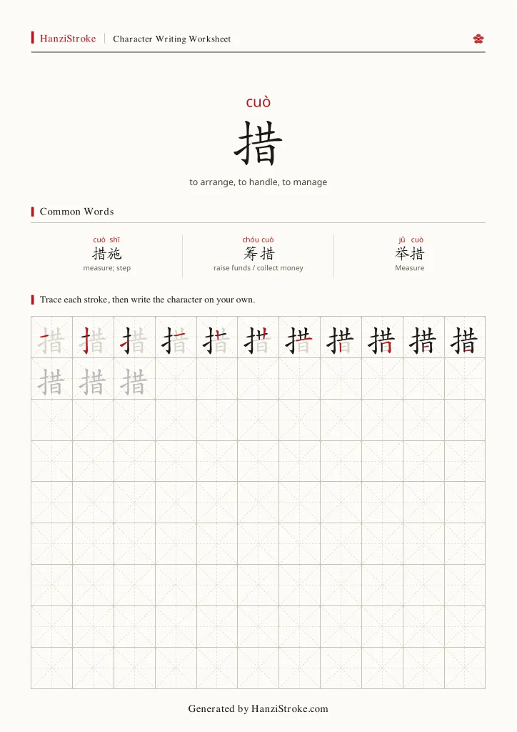 措 handwriting practice worksheet preview
