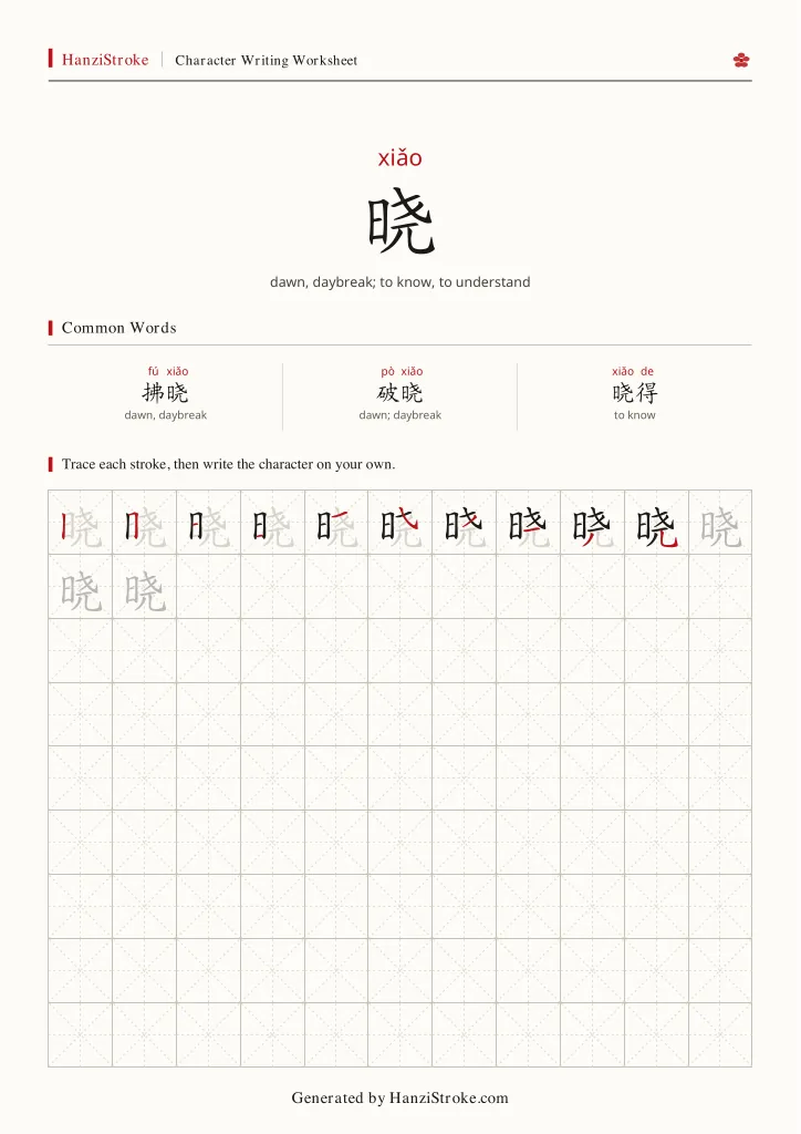 晓 handwriting practice worksheet preview
