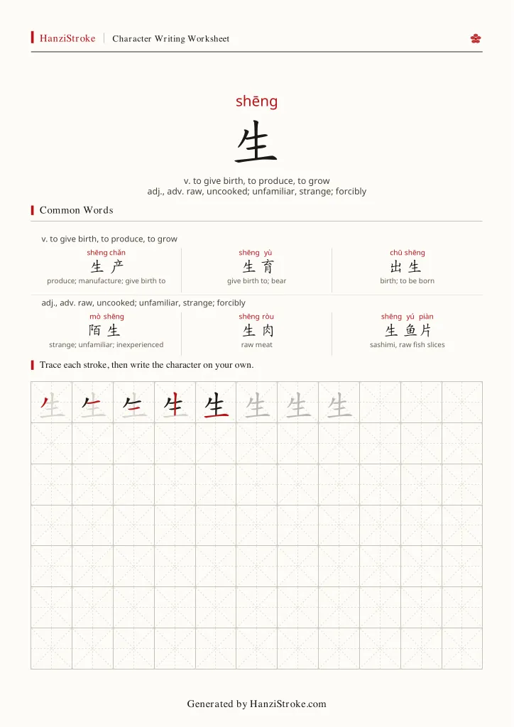 生 handwriting practice worksheet preview