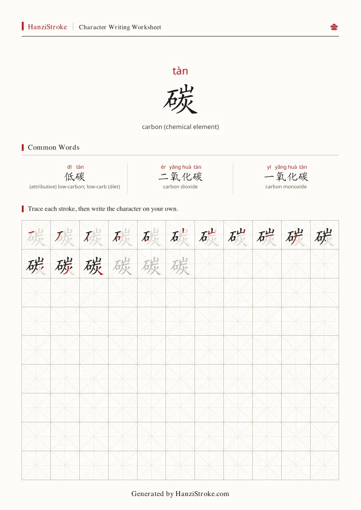 碳 handwriting practice worksheet preview