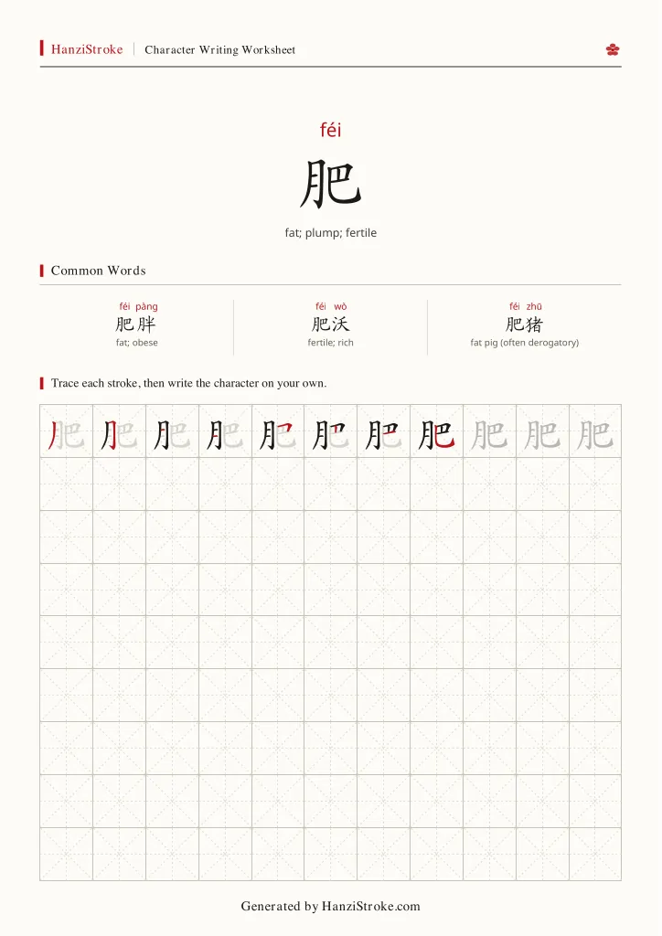 肥 handwriting practice worksheet preview