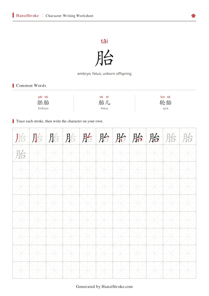 胎 handwriting practice worksheet preview