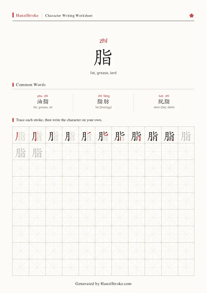 脂 handwriting practice worksheet preview