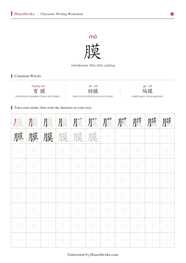 膜 handwriting practice worksheet preview