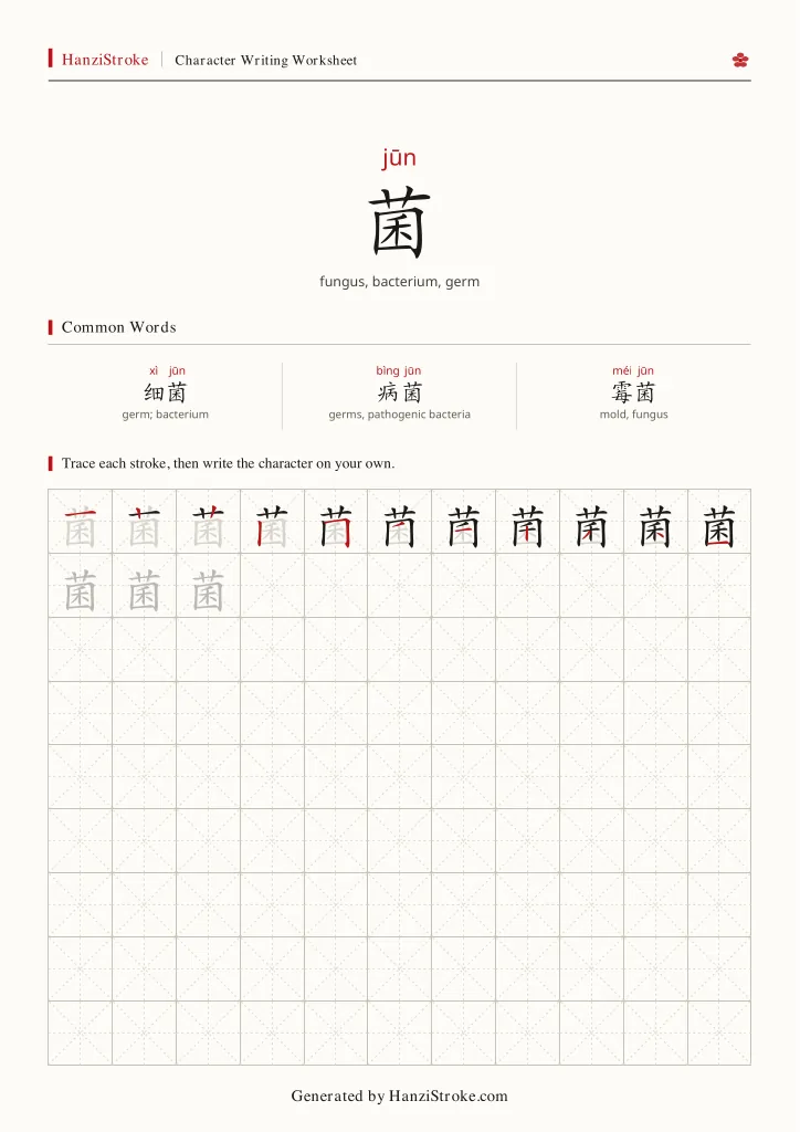 菌 handwriting practice worksheet preview