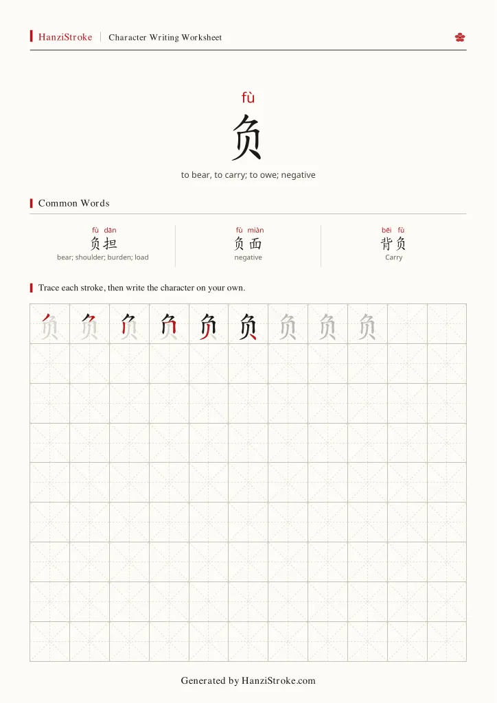 负 handwriting practice worksheet preview