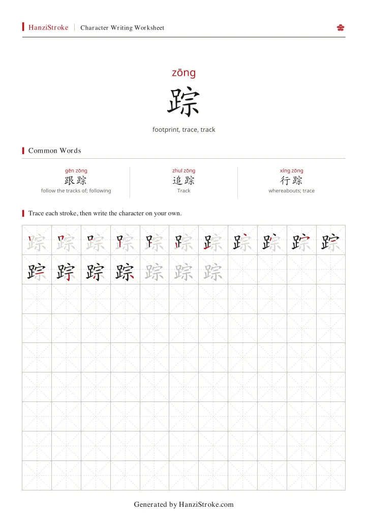 踪 handwriting practice worksheet preview