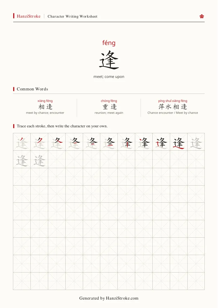 逢 handwriting practice worksheet preview
