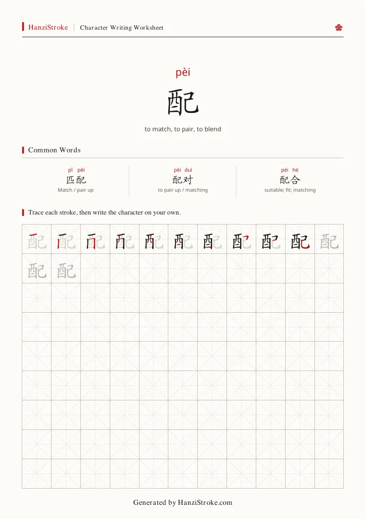 配 handwriting practice worksheet preview