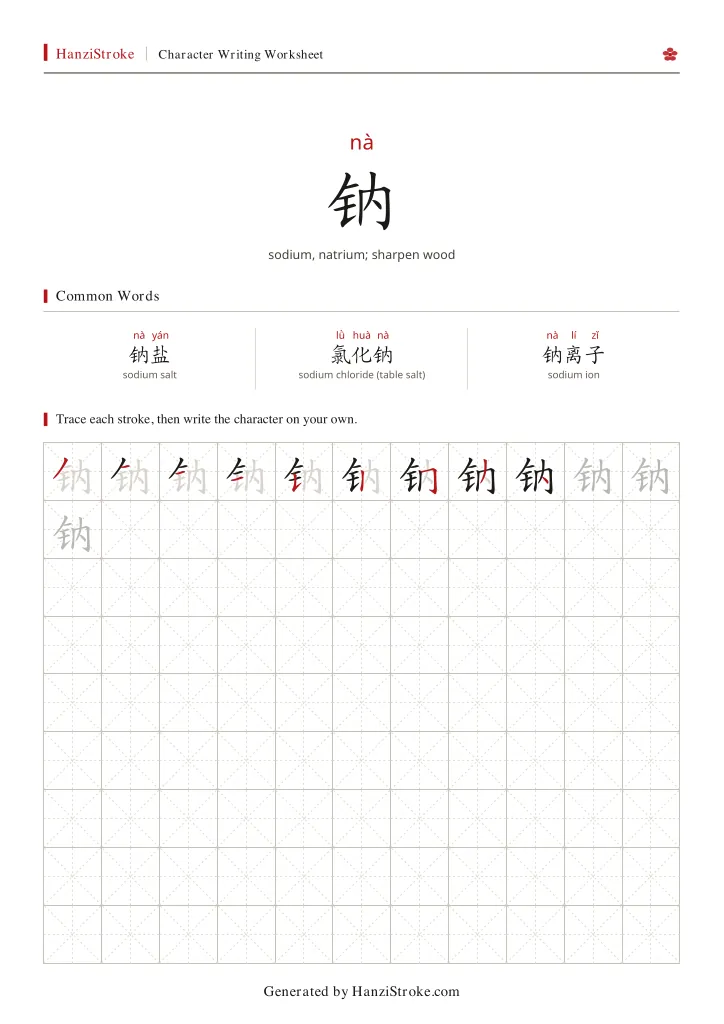 钠 handwriting practice worksheet preview