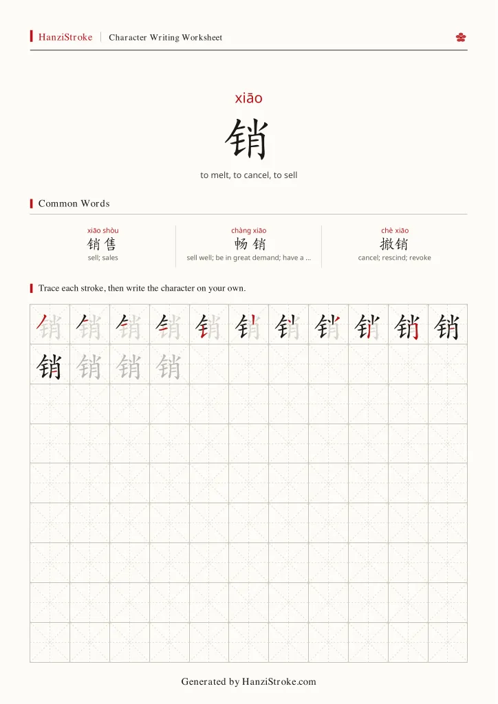 销 handwriting practice worksheet preview