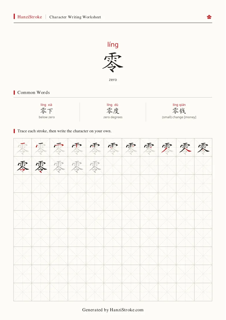 零 handwriting practice worksheet preview