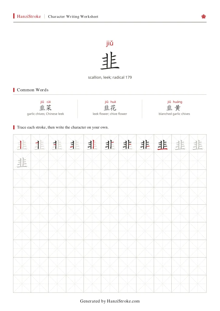 韭 handwriting practice worksheet preview