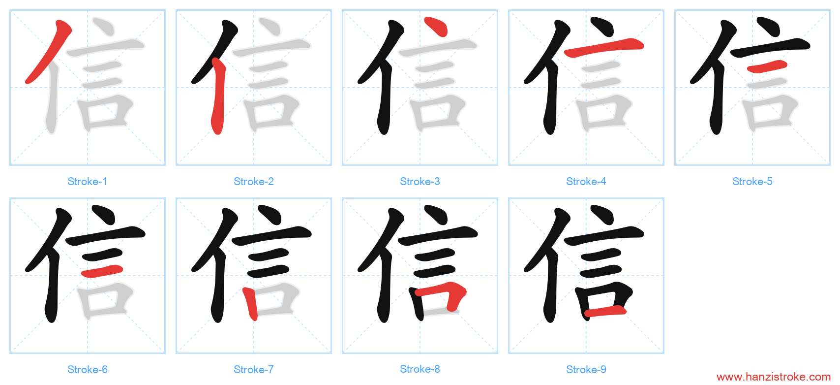 信 stroke order diagram