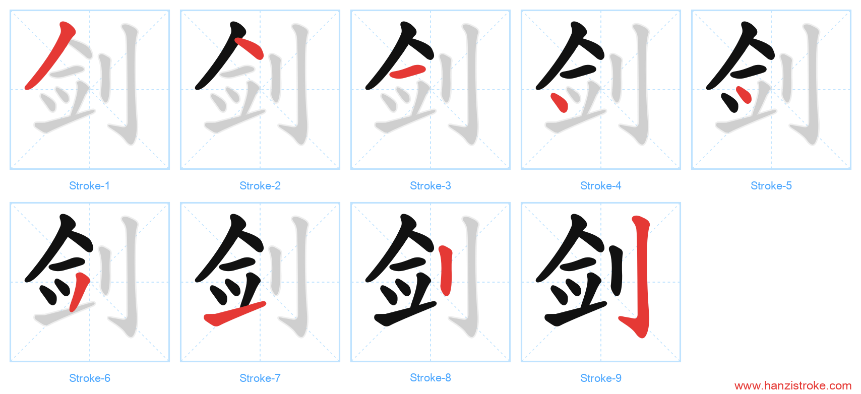 剑 stroke order diagram