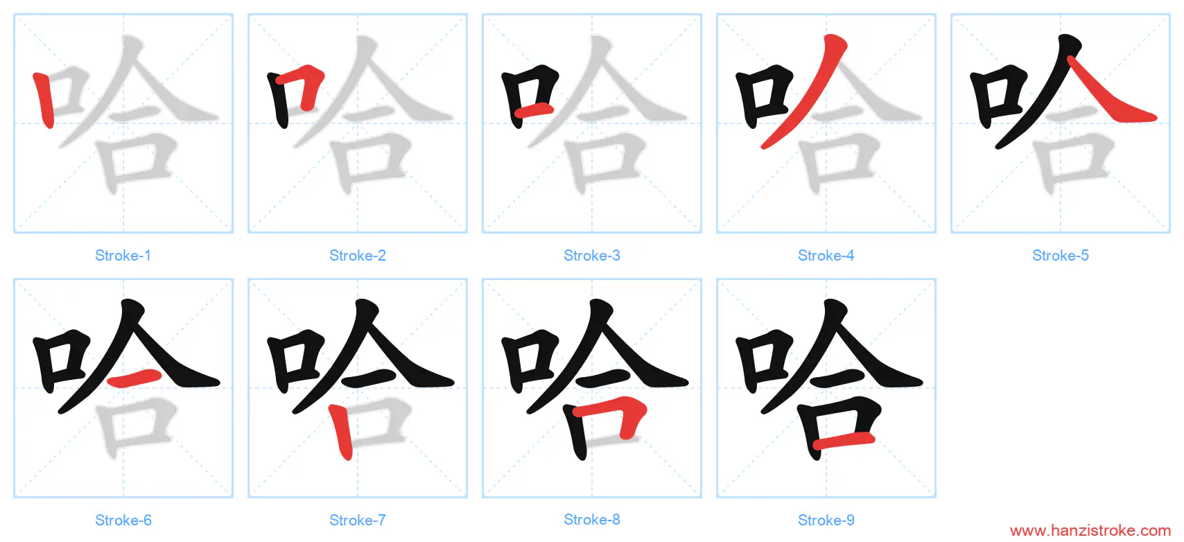 哈 stroke order diagram