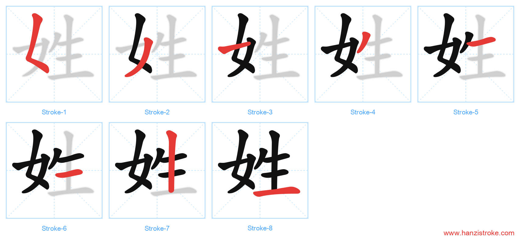 姓 stroke order diagram