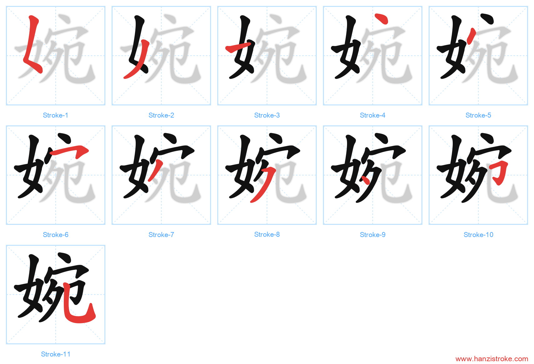 婉 stroke order diagram