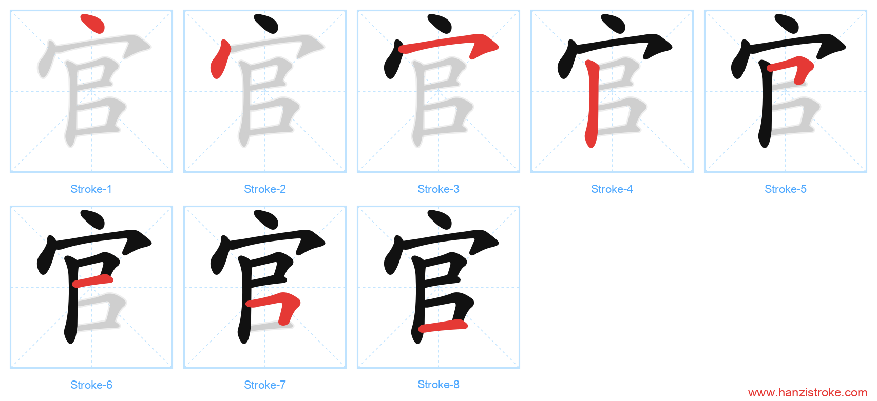 官 stroke order diagram