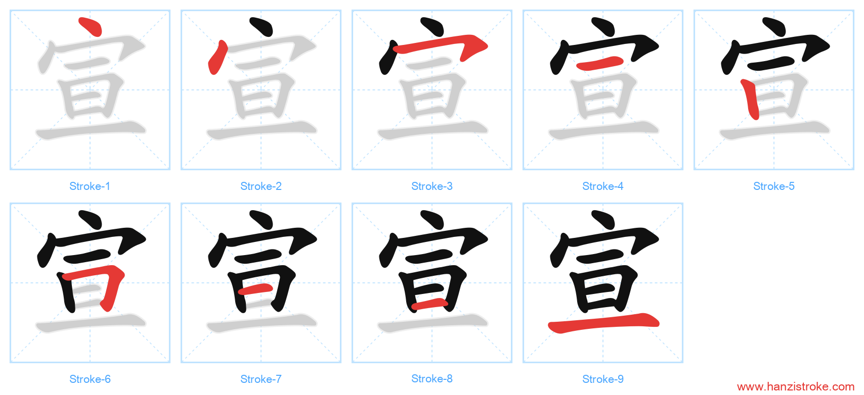宣 stroke order diagram