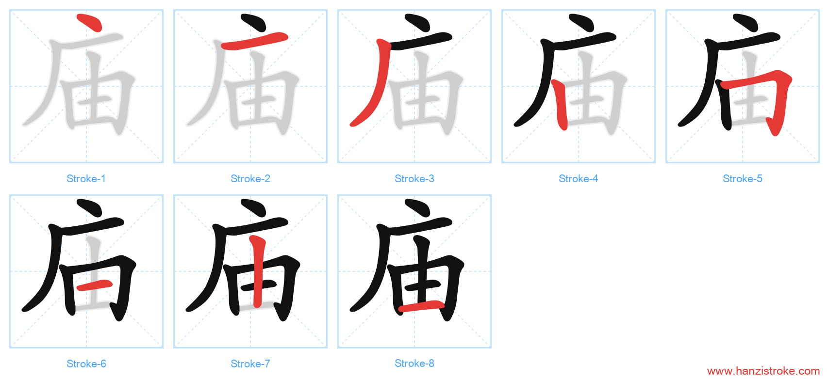 庙 stroke order diagram