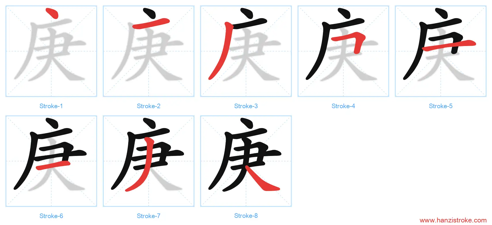 庚 stroke order diagram