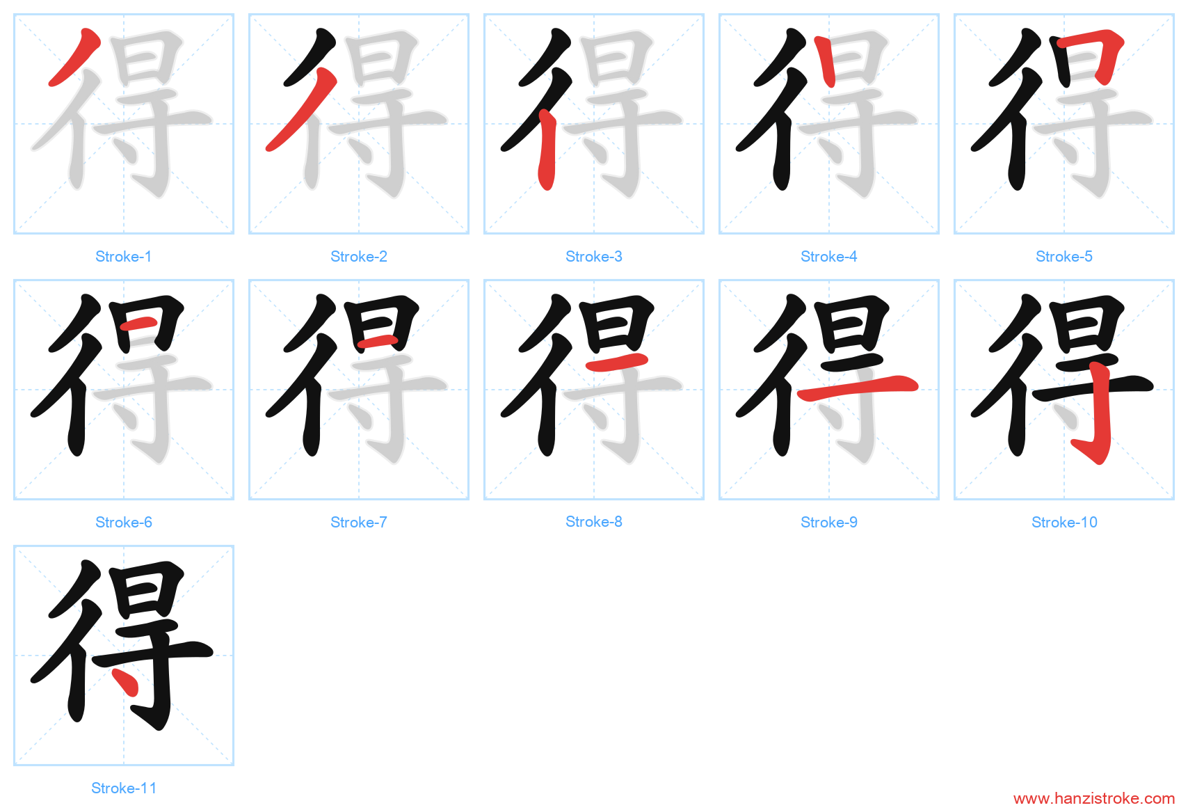 得 stroke order diagram
