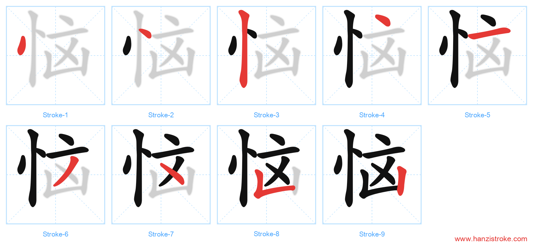 恼 stroke order diagram