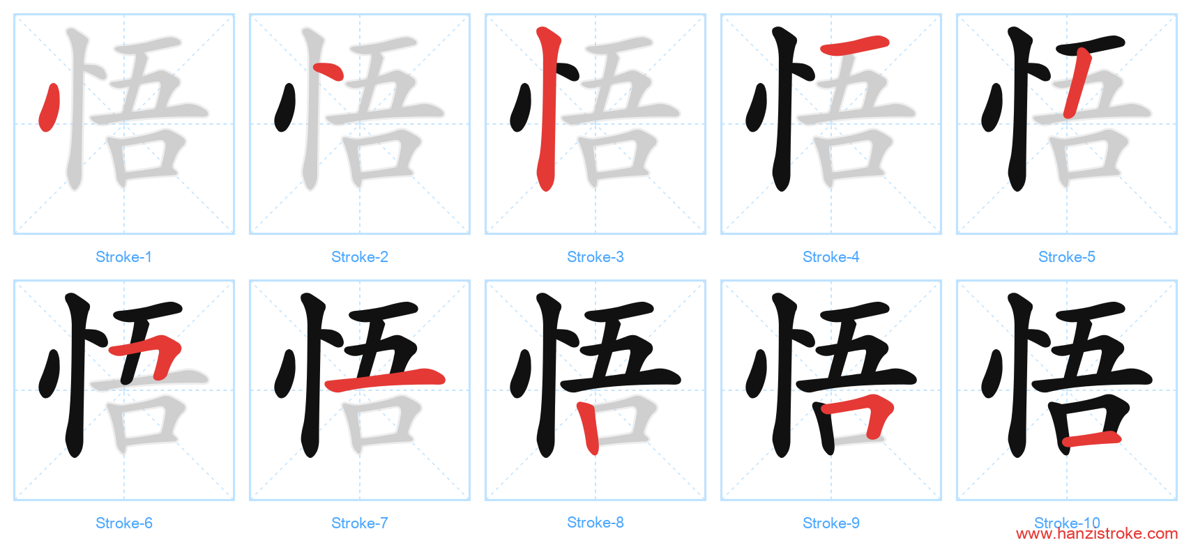 悟 stroke order diagram