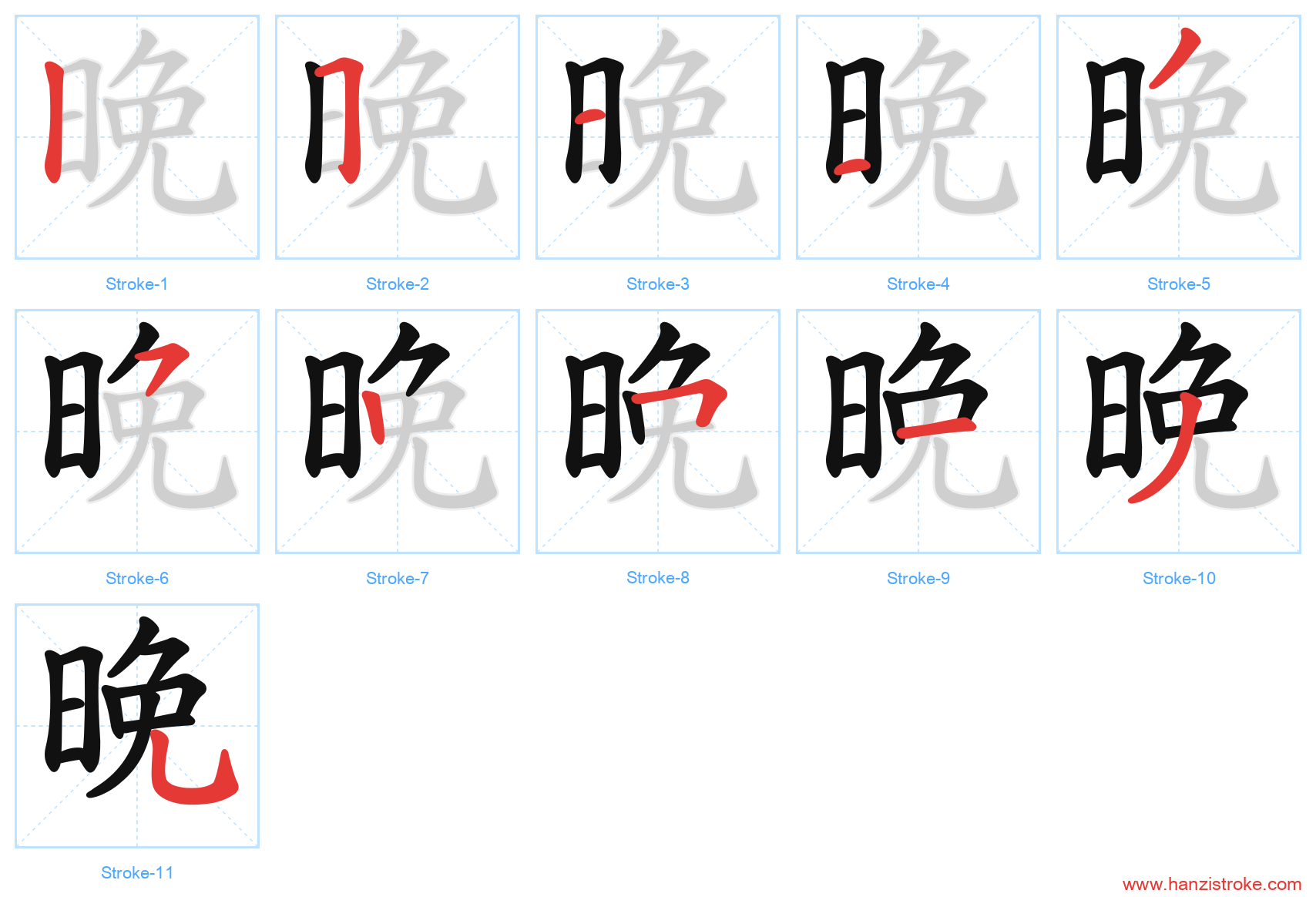 晚 stroke order diagram