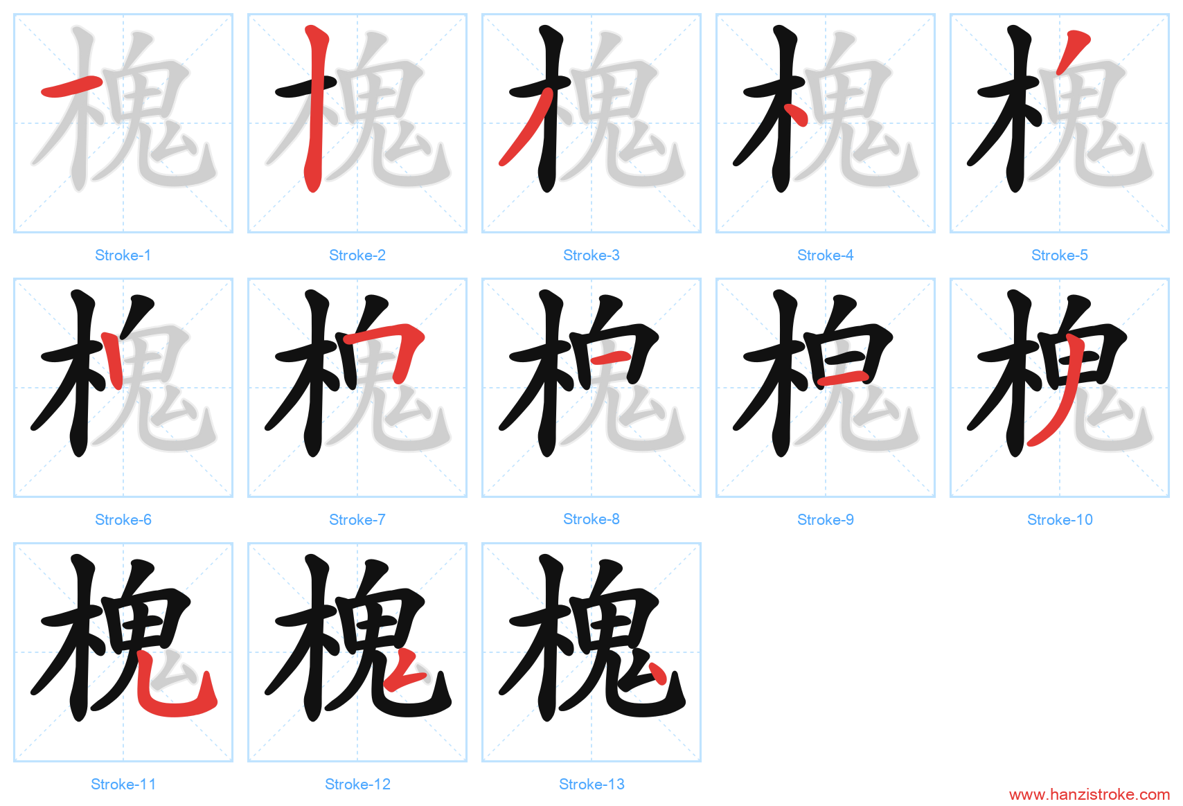 槐 stroke order diagram