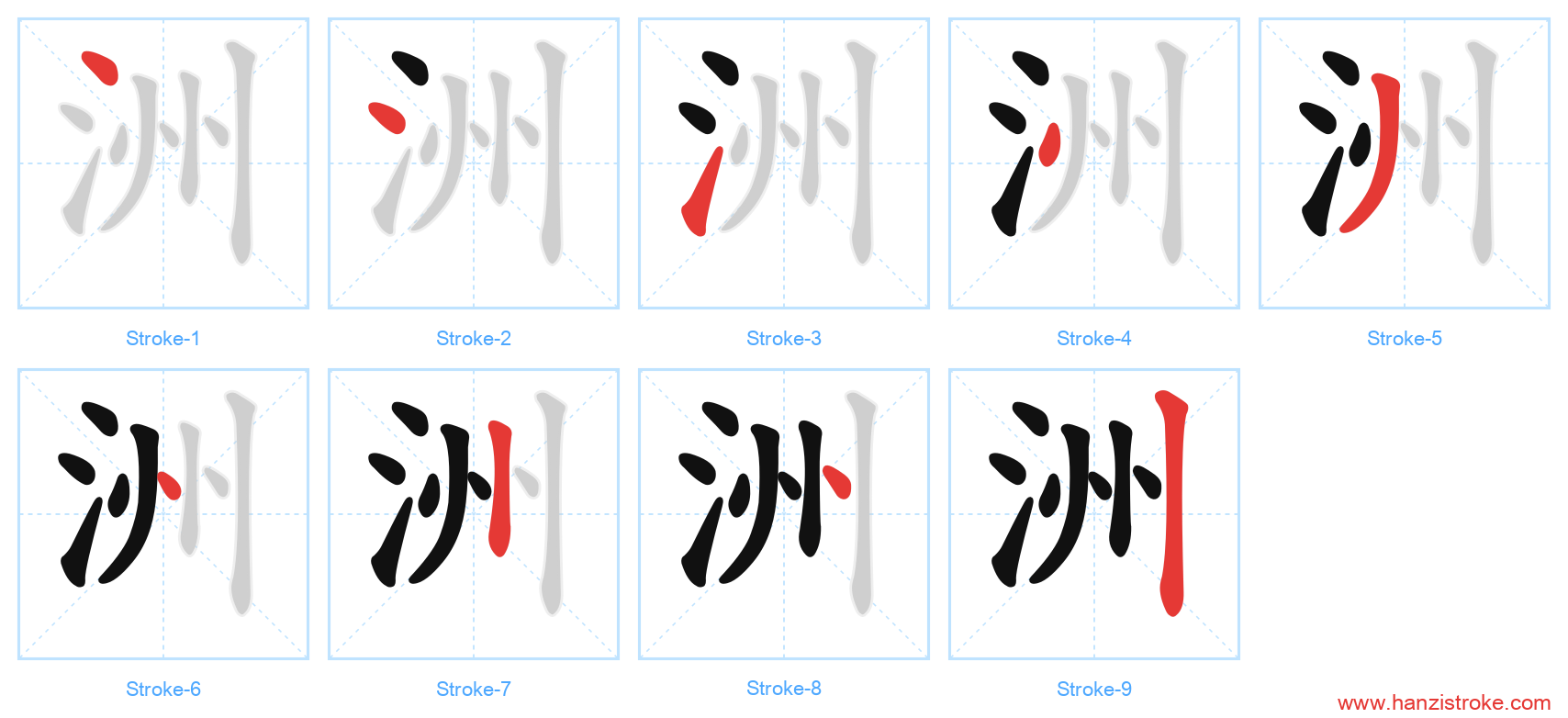 洲 stroke order diagram