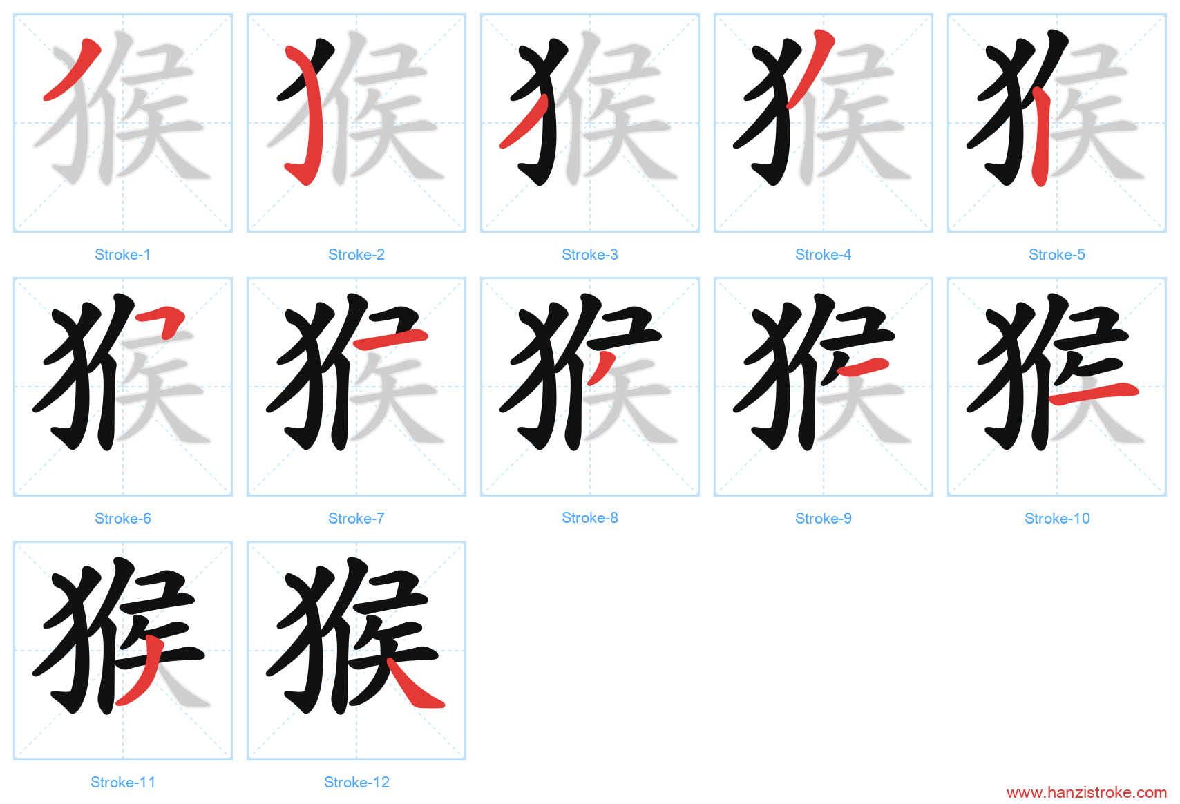 猴 stroke order diagram