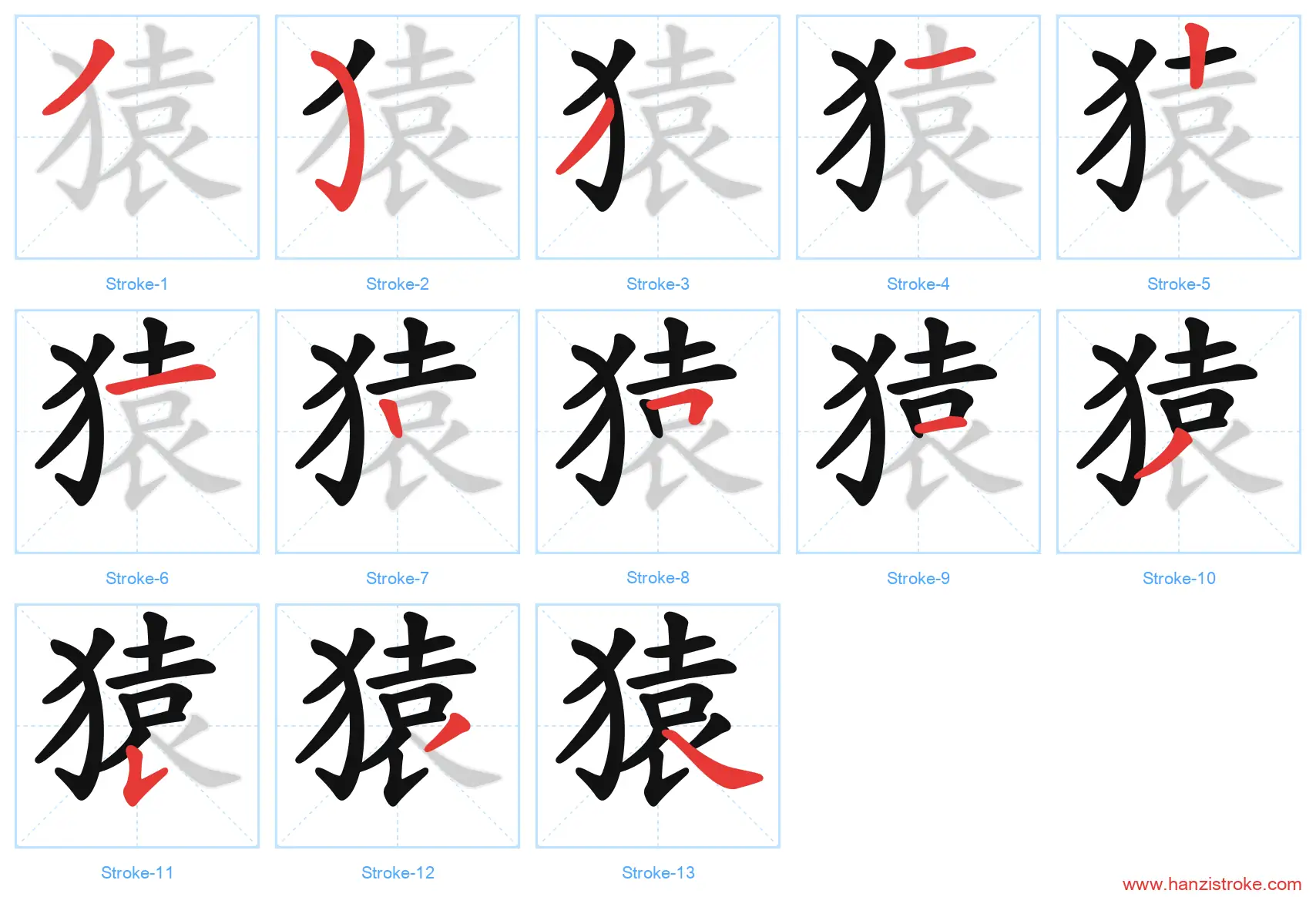 猿 stroke order diagram