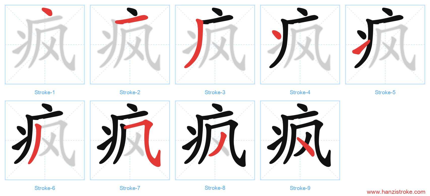 疯 stroke order diagram