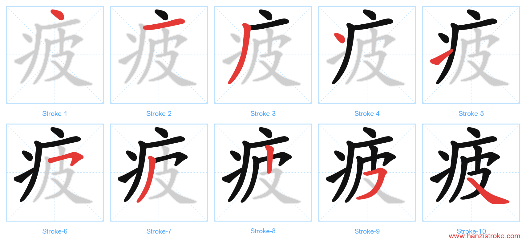 疲 stroke order diagram