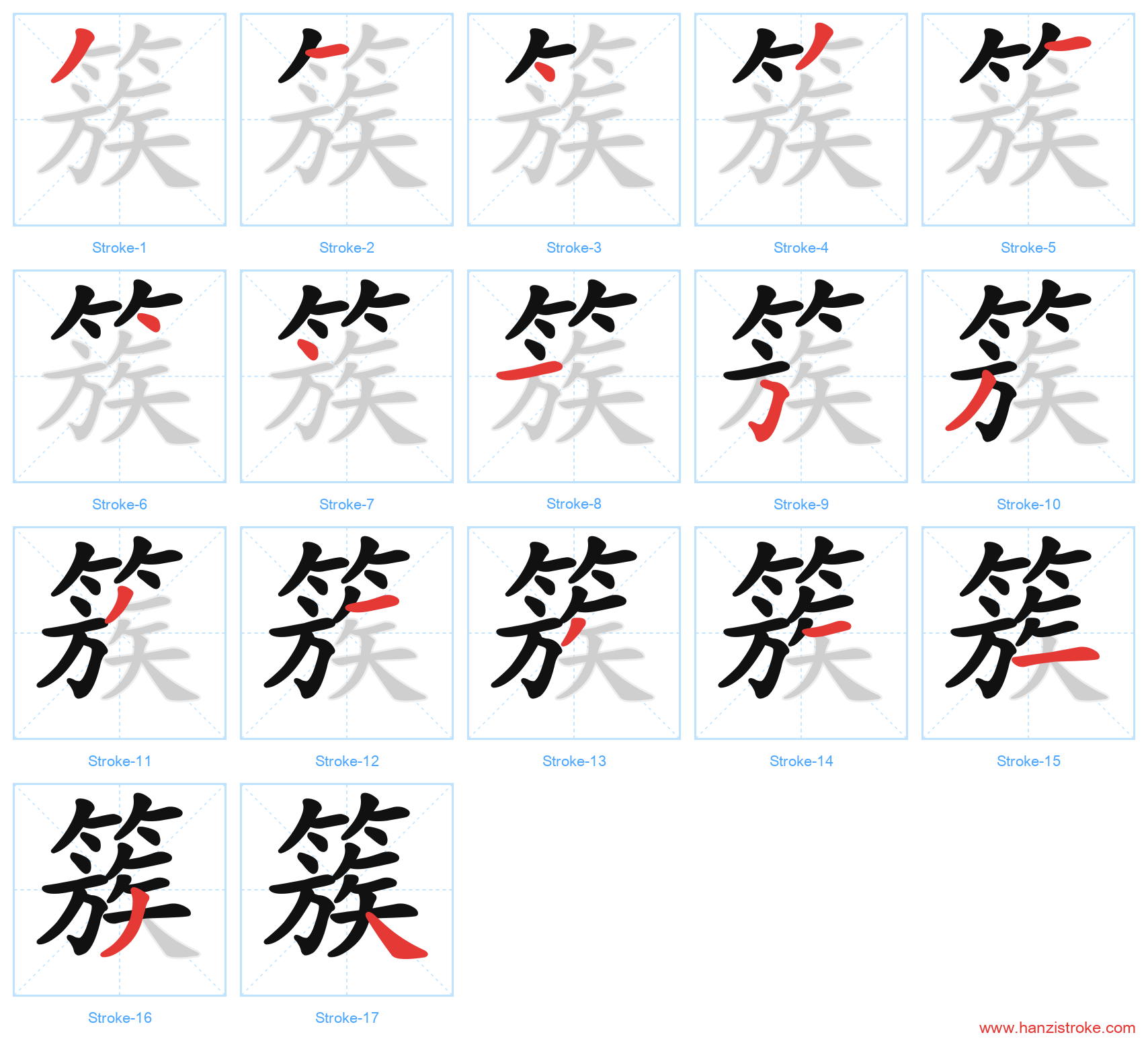 簇 stroke order diagram