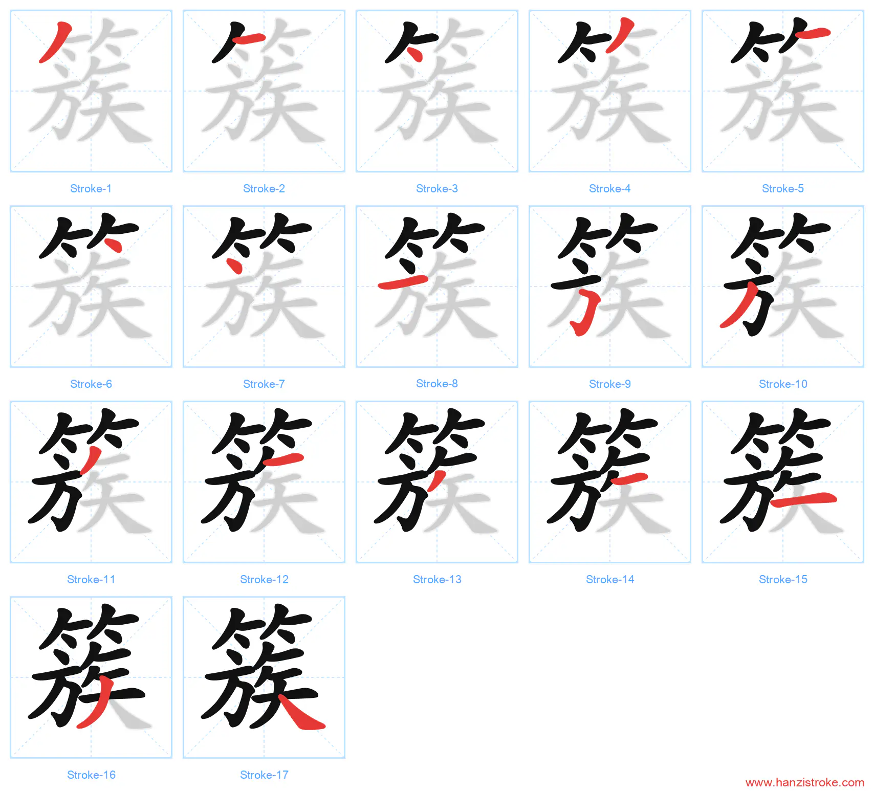 簇 stroke order diagram