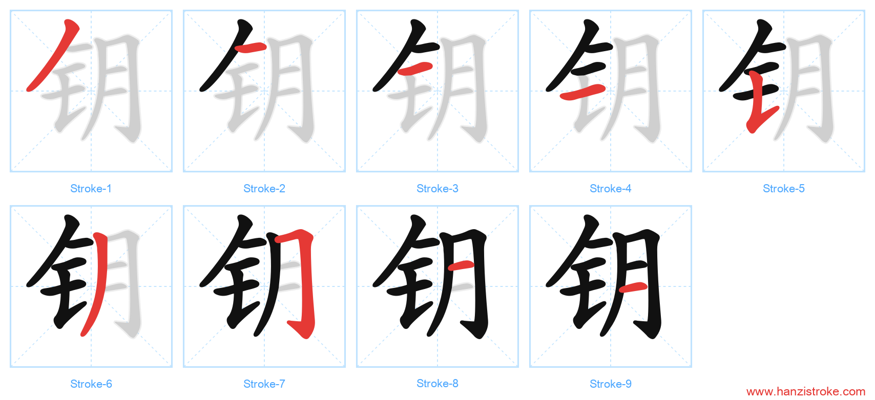 钥 stroke order diagram