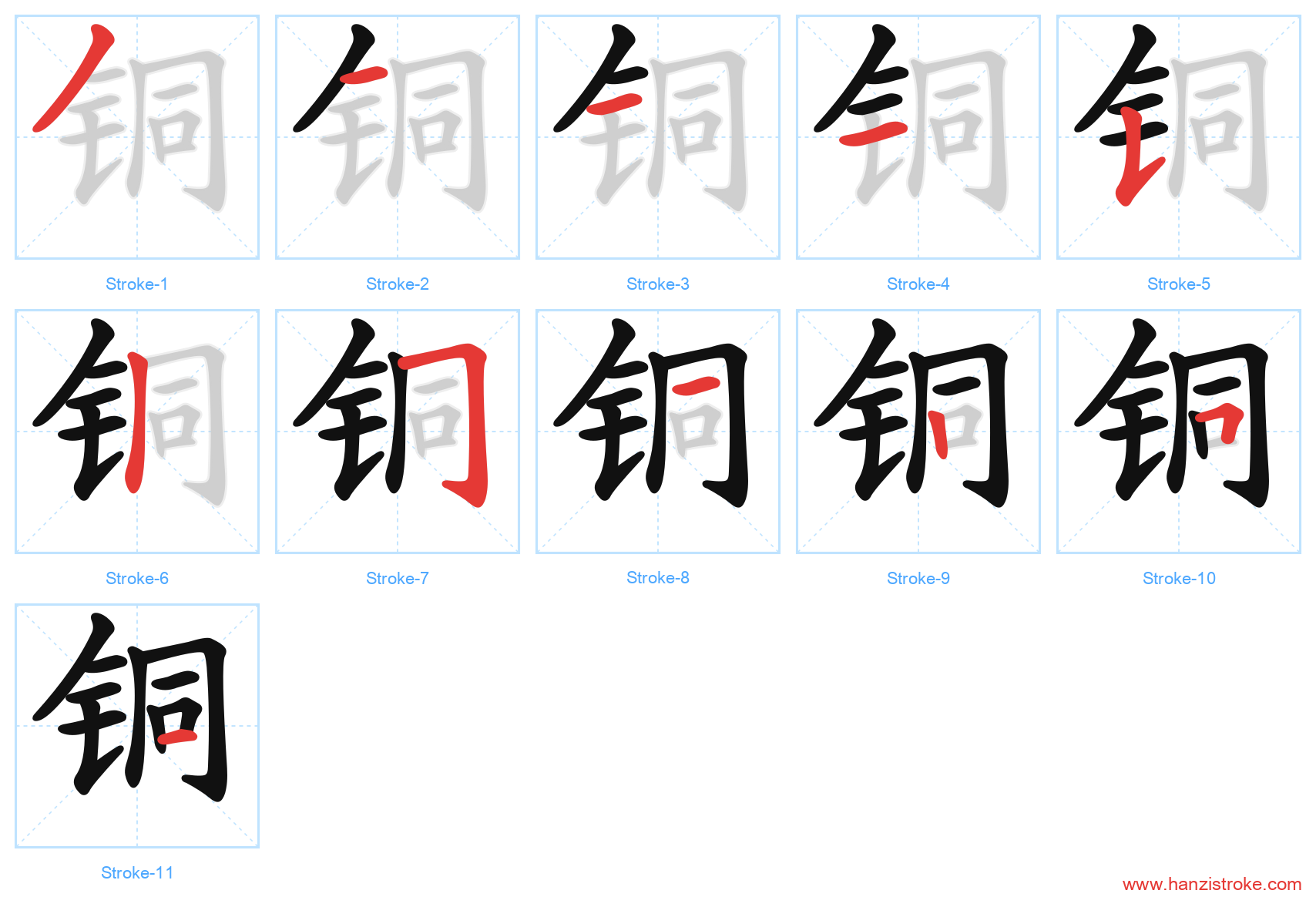 铜 stroke order diagram