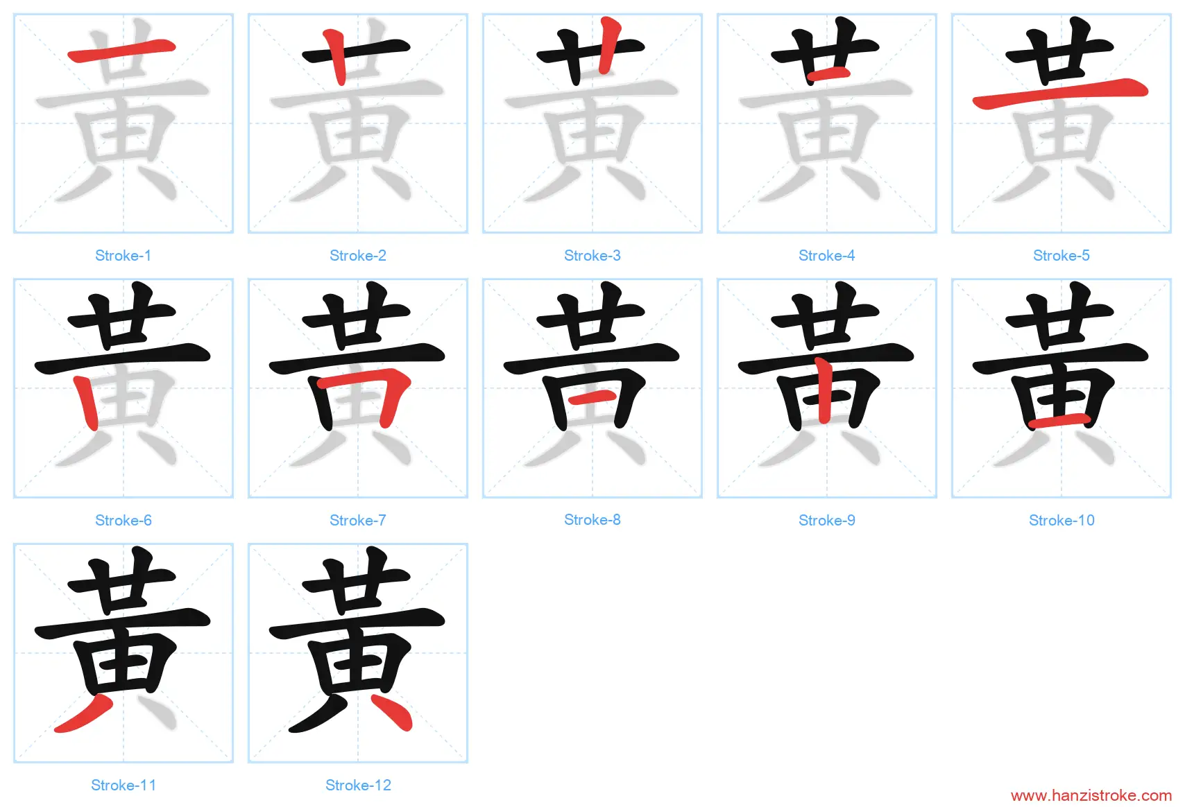 黃 traditional stroke order diagram
